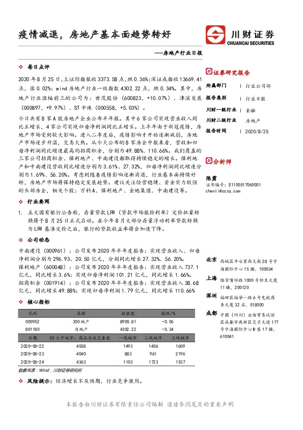 房地产行业日报：疫情减退，房地产基本面趋势转好