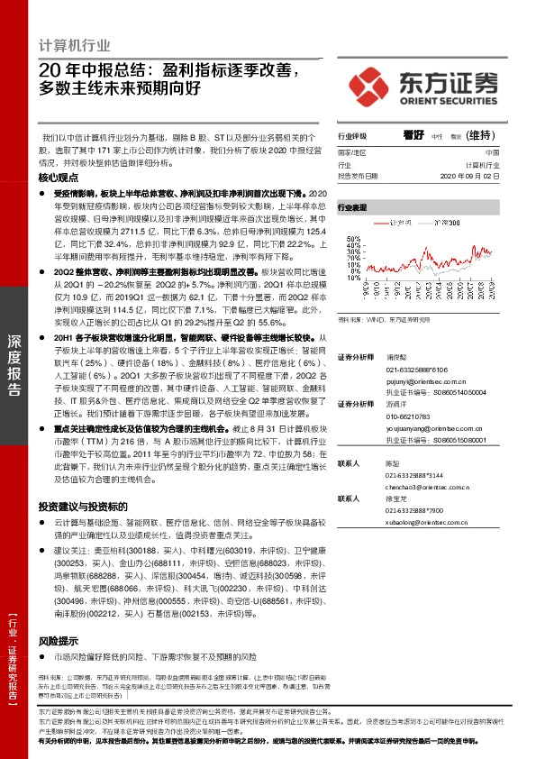 计算机行业20年中报总结：盈利指标逐季改善，多数主线未来预期向好