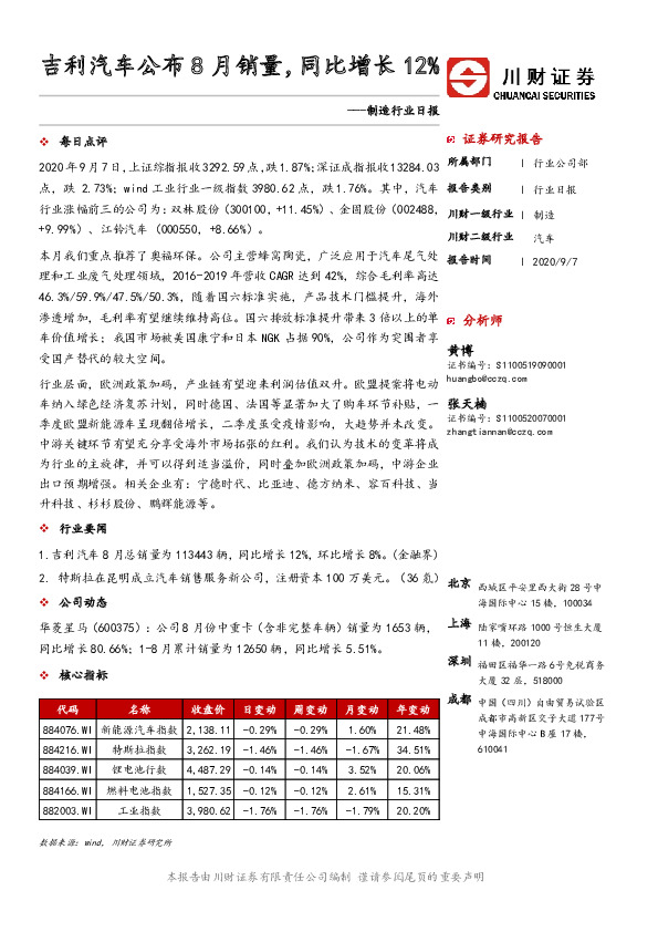 制造行业日报：吉利汽车公布8月销量，同比增长12%