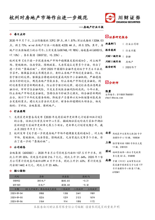 房地产行业日报：杭州对房地产市场作出进一步规范