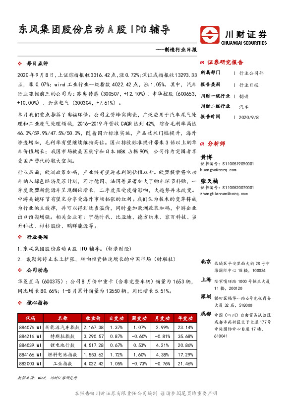 制造行业日报：东风集团股份启动A股IPO辅导