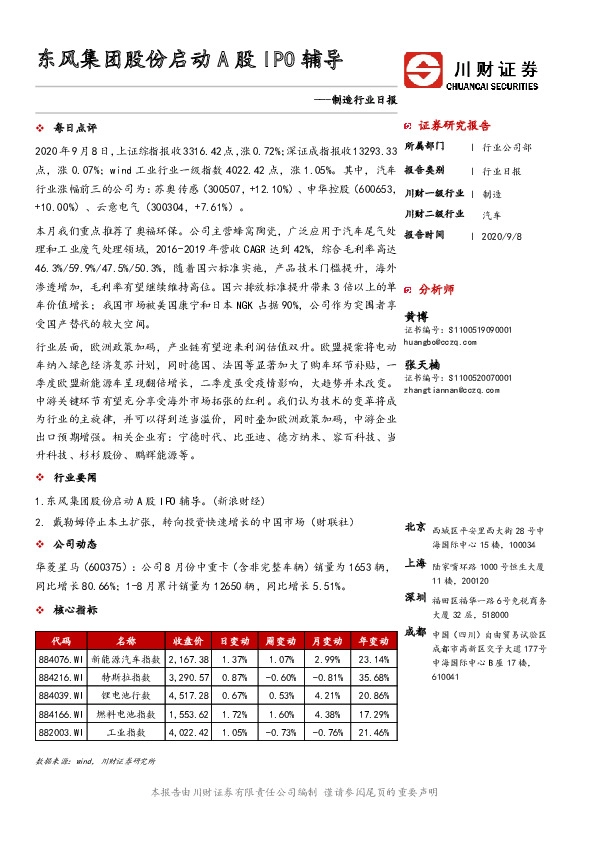 制造行业日报：东风集团股份启动A股IPO辅导
