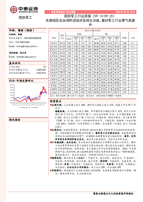 国防军工行业周报：东部战区在台海附近组织实战化训练，看好军工行业景气度提升