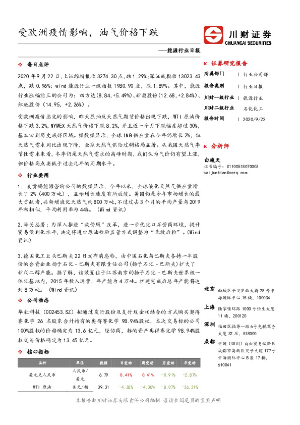 能源行业日报：受欧洲疫情影响，油气价格下跌