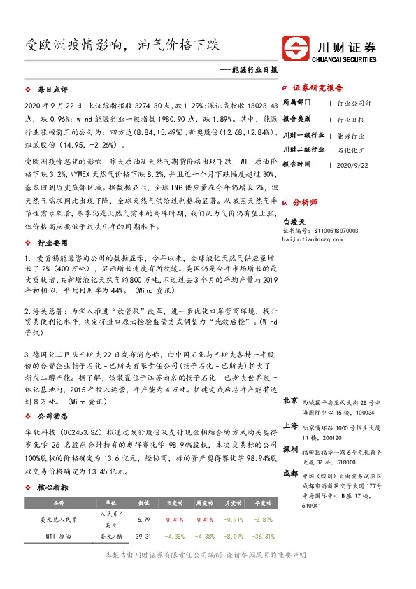 能源行业日报：受欧洲疫情影响，油气价格下跌