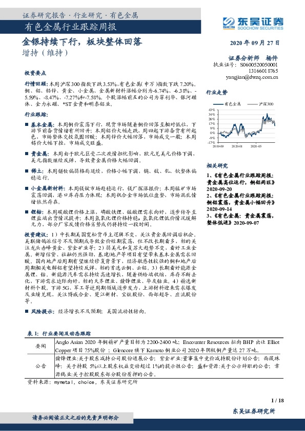 有色金属行业跟踪周报：金银持续下行，板块整体回落