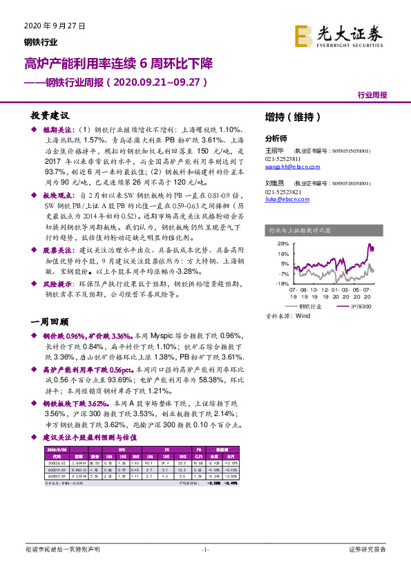 钢铁行业周报：高炉产能利用率连续6周环比下降