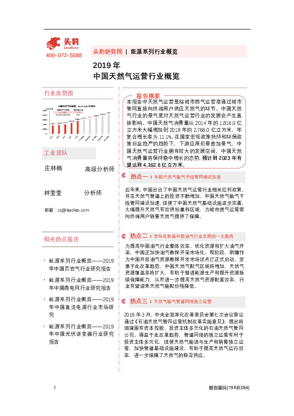 2019年中国天然气运营行业概览