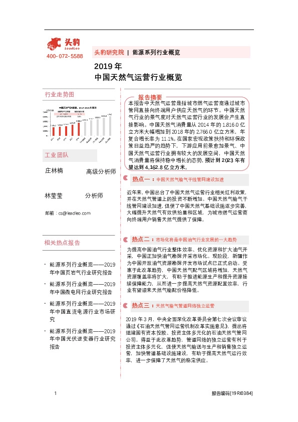 2019年中国天然气运营行业概览