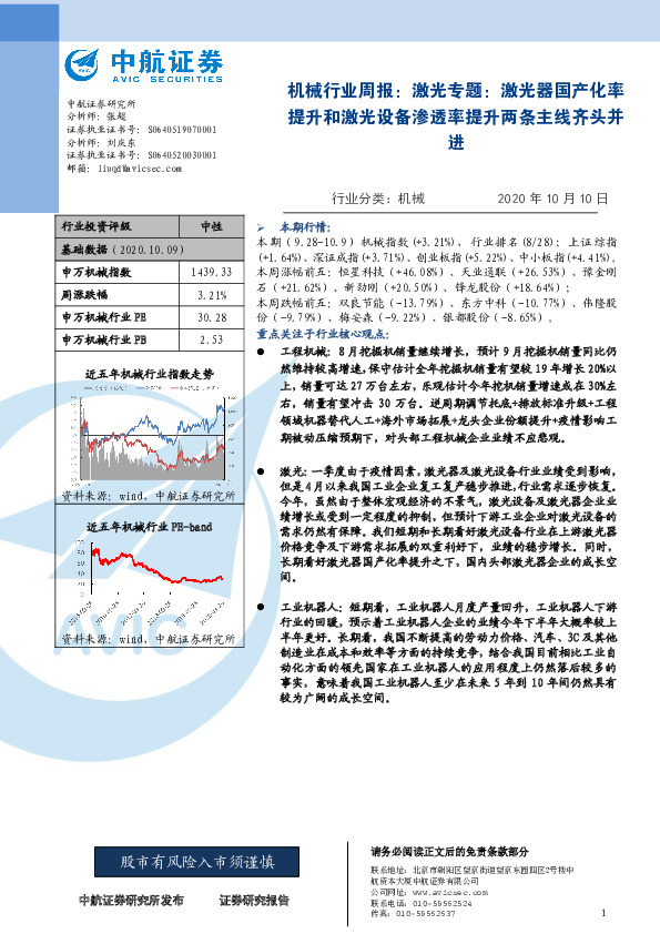 机械行业周报：激光专题：激光器国产化率提升和激光设备渗透率提升两条主线齐头并进