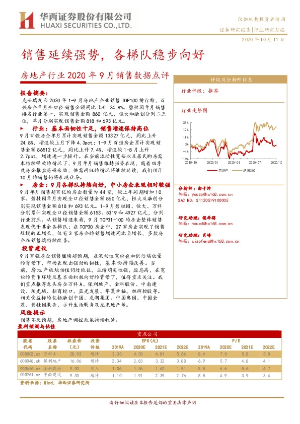 房地产行业2020年9月销售数据点评：销售延续强势，各梯队稳步向好