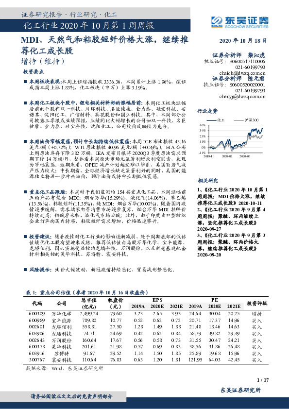 化工行业2020年10月第1周周报：MDI、天然气和粘胶短纤价格大涨，继续推荐化工成长股