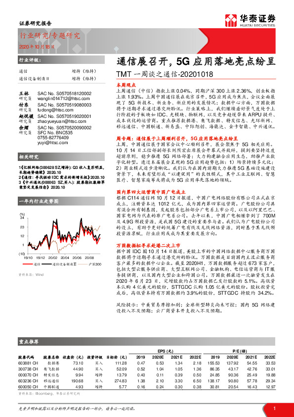 TMT一周谈之通信：通信展召开，5G应用落地亮点纷呈