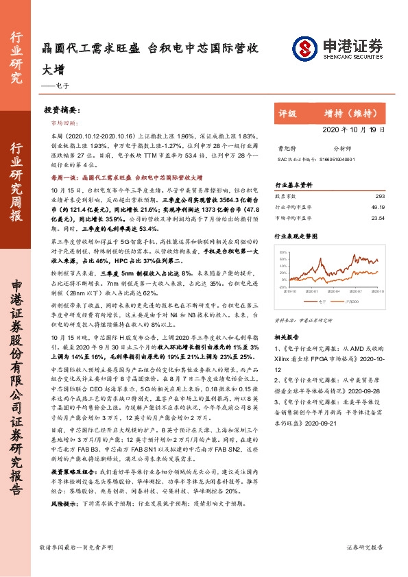 电子行业研究周报：晶圆代工需求旺盛 台积电中芯国际营收大增