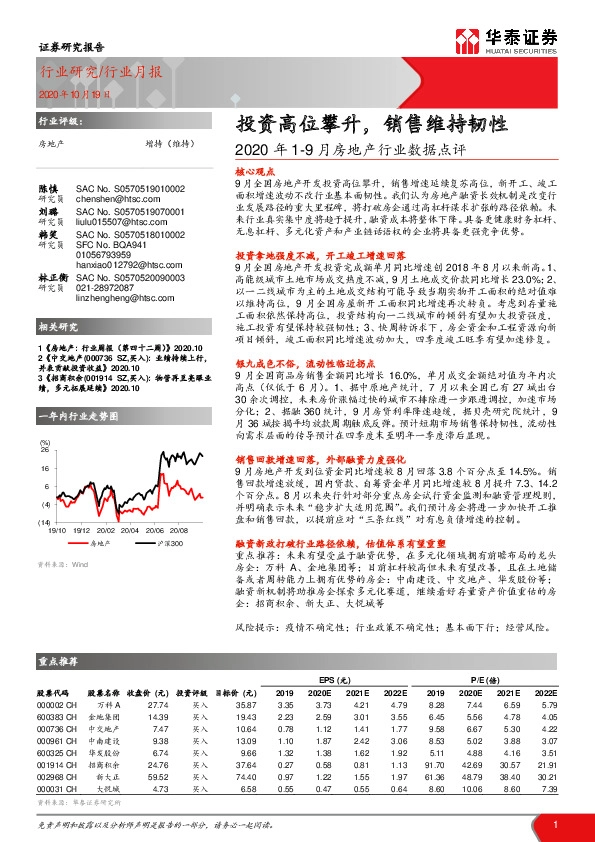 2020年1-9月房地产行业数据点评：投资高位攀升，销售维持韧性
