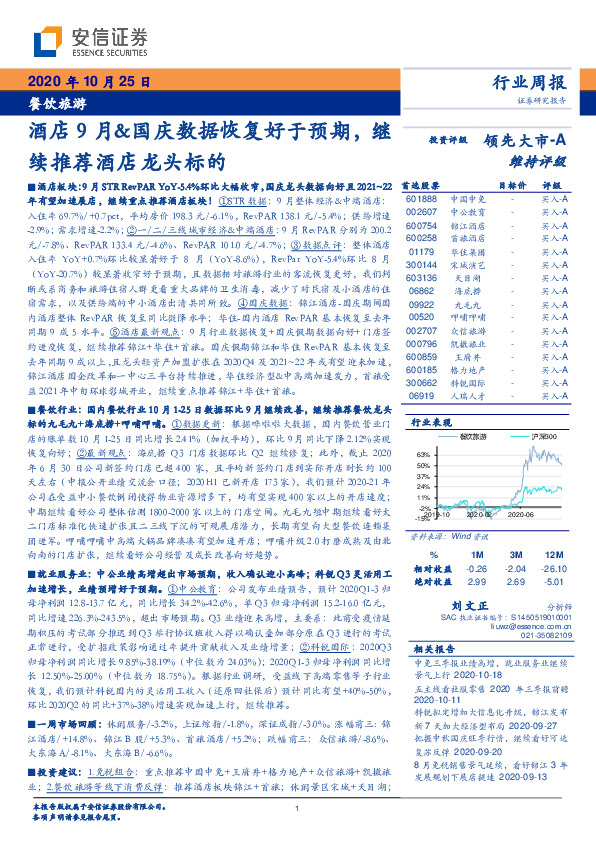 餐饮旅游行业周报：酒店9月&国庆数据恢复好于预期，继续推荐酒店龙头标的