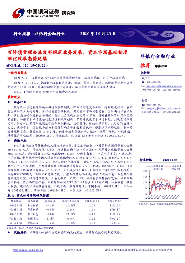 非银行金融行业周报：可转债管理办法发布规范业务发展，资本市场基础制度深化改革态势延续