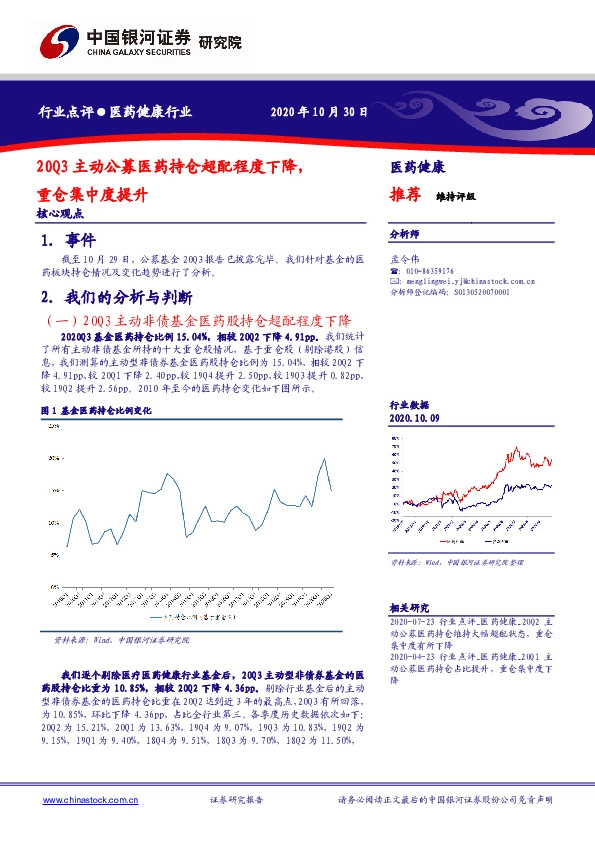 医药健康行业：20Q3主动公募医药持仓超配程度下降，重仓集中度提升