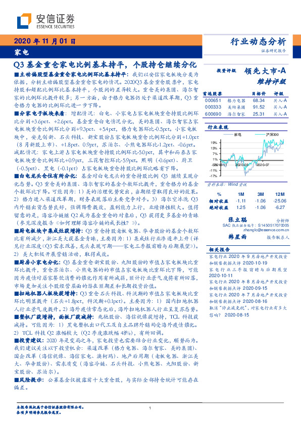 家电行业动态分析：Q3基金重仓家电比例基本持平，个股持仓继续分化