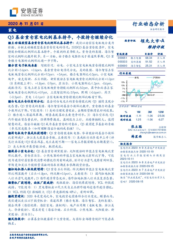 家电行业动态分析：Q3基金重仓家电比例基本持平，个股持仓继续分化