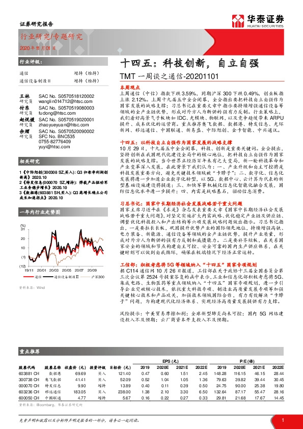 TMT一周谈之通信：十四五：科技创新，自立自强