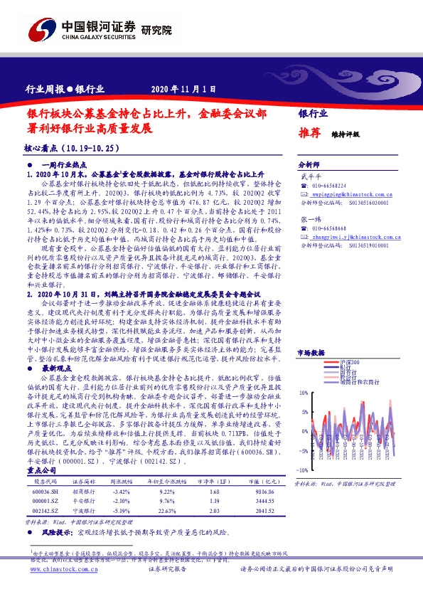 银行业：银行板块公募基金持仓占比上升，金融委会议部署利好银行业高质量发展