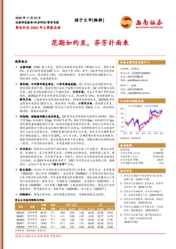 家电行业2020年三季报总结：花期如约至，芬芳扑面来