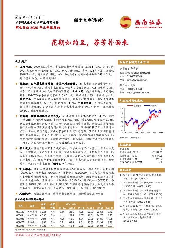 家电行业2020年三季报总结：花期如约至，芬芳扑面来