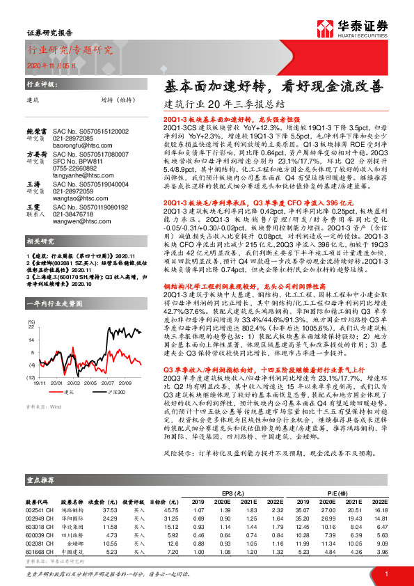 建筑行业20年三季报总结：基本面加速好转，看好现金流改善