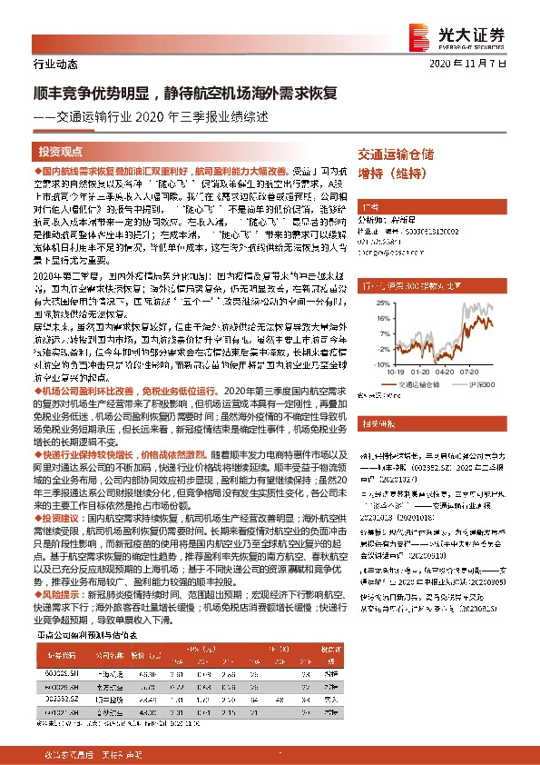 交通运输行业2020年三季报业绩综述：顺丰竞争优势明显，静待航空机场海外需求恢复