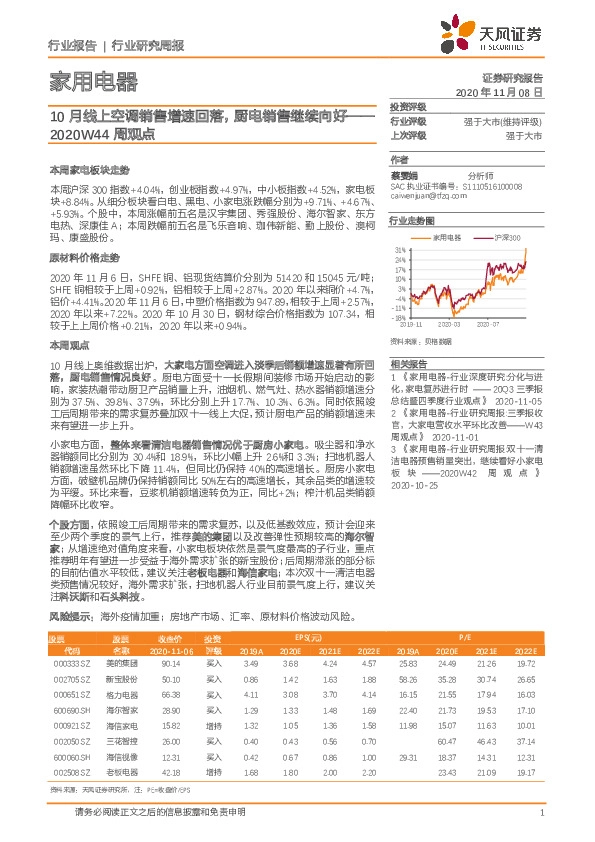 家用电器2020W44周观点：10月线上空调销售增速回落，厨电销售继续向好