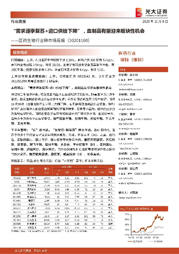 医药生物行业跨市场周报：“需求逐季复苏+进口供给下降”，血制品有望迎来板块性机会