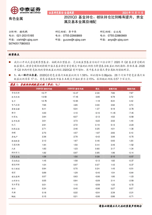 有色金属-2020Q3基金持仓：板块持仓比例略有提升，贵金属及基本金属获增配