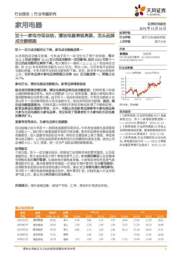 家用电器双十一家电市场总结：清洁电器表现亮眼，龙头品牌成交额领跑