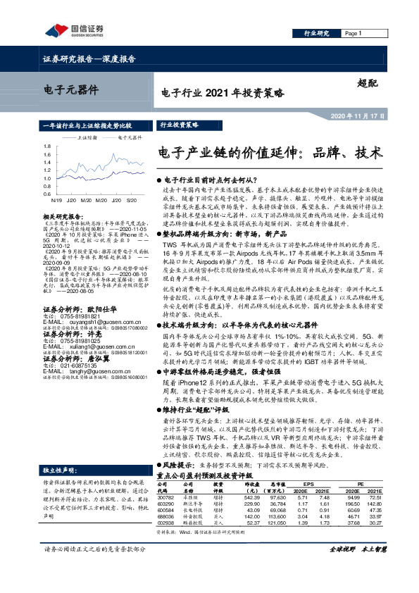 电子行业2021年投资策略：电子产业链的价值延伸：品牌、技术