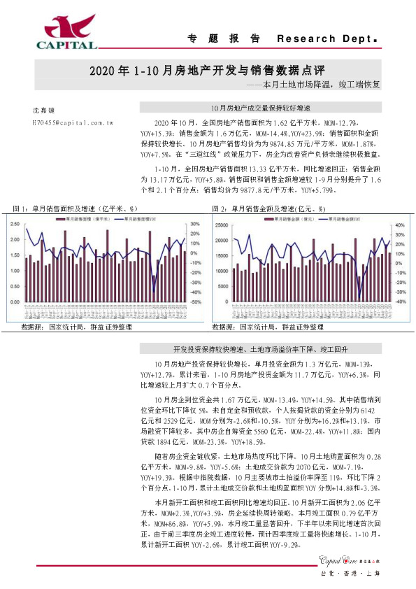 2020年1-10月房地产开发与销售数据点评：本月土地市场降温，竣工端恢复