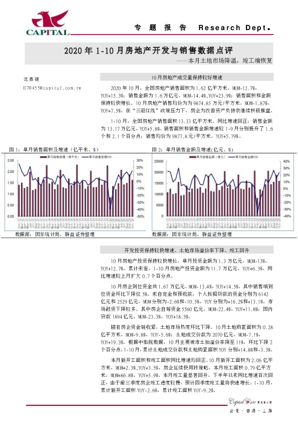 2020年1-10月房地产开发与销售数据点评：本月土地市场降温，竣工端恢复