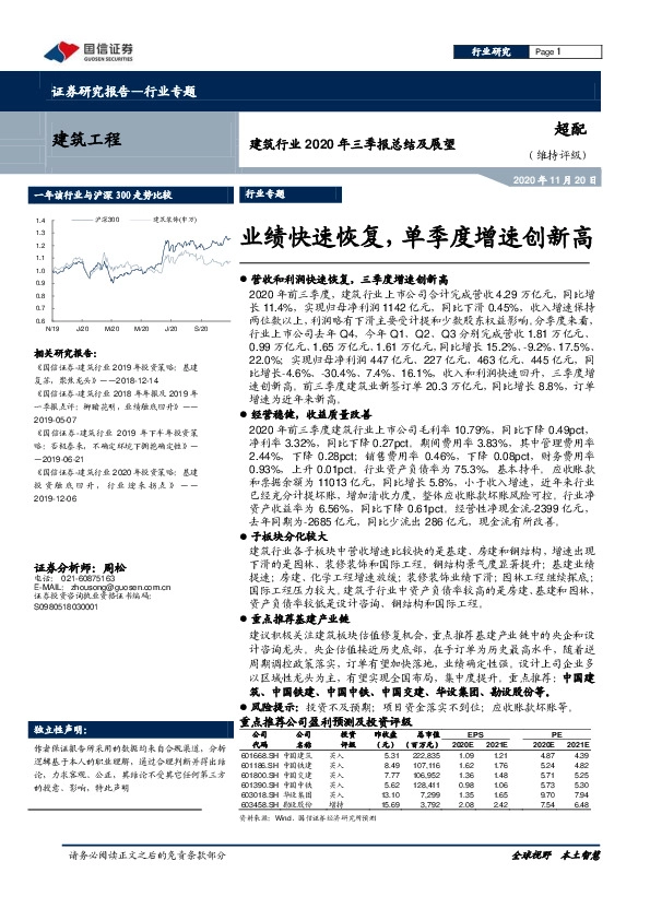 建筑行业2020年三季报总结及展望：业绩快速恢复，单季度增速创新高