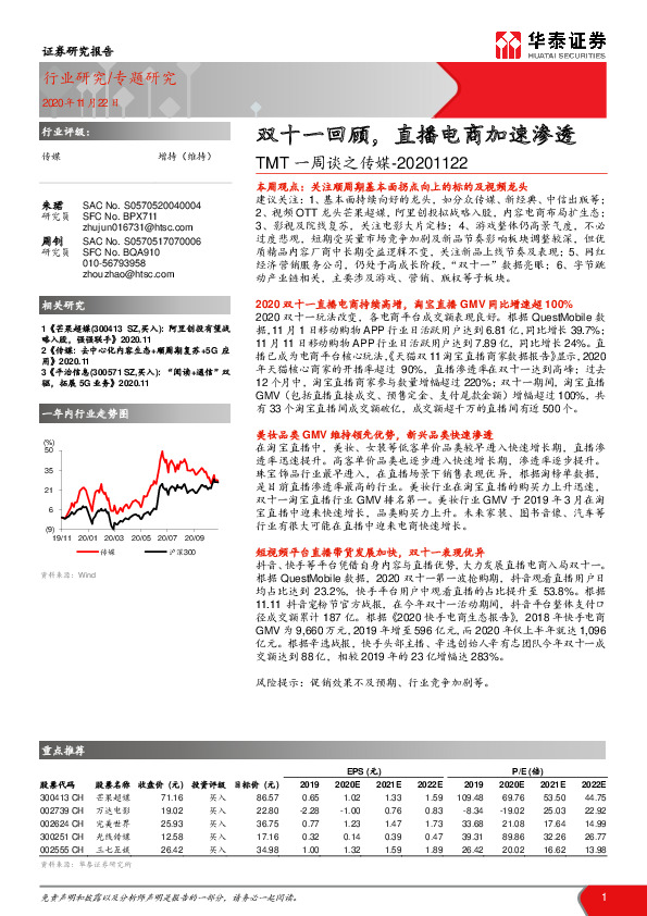 TMT一周谈之传媒：双十一回顾，直播电商加速渗透