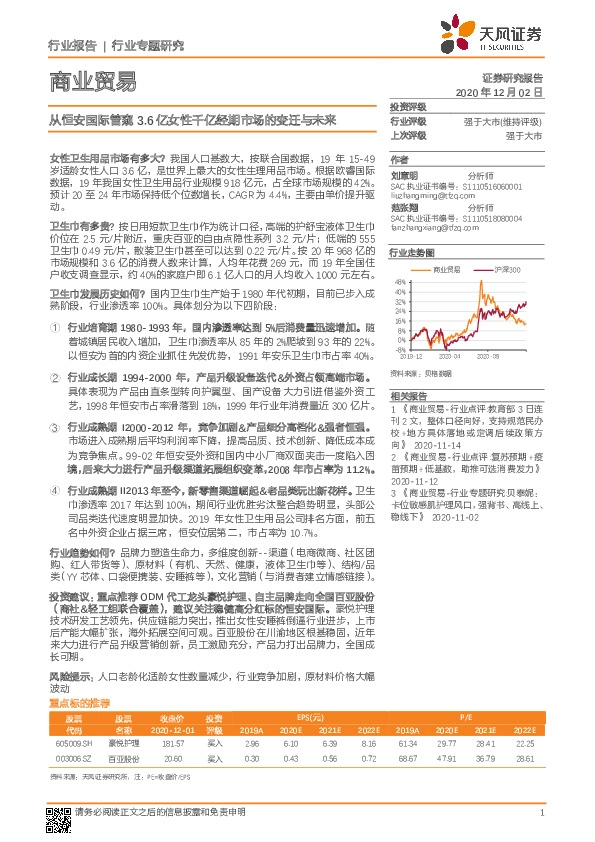 商业贸易行业专题研究：从恒安国际管窥3.6亿女性千亿经期市场的变迁与未来