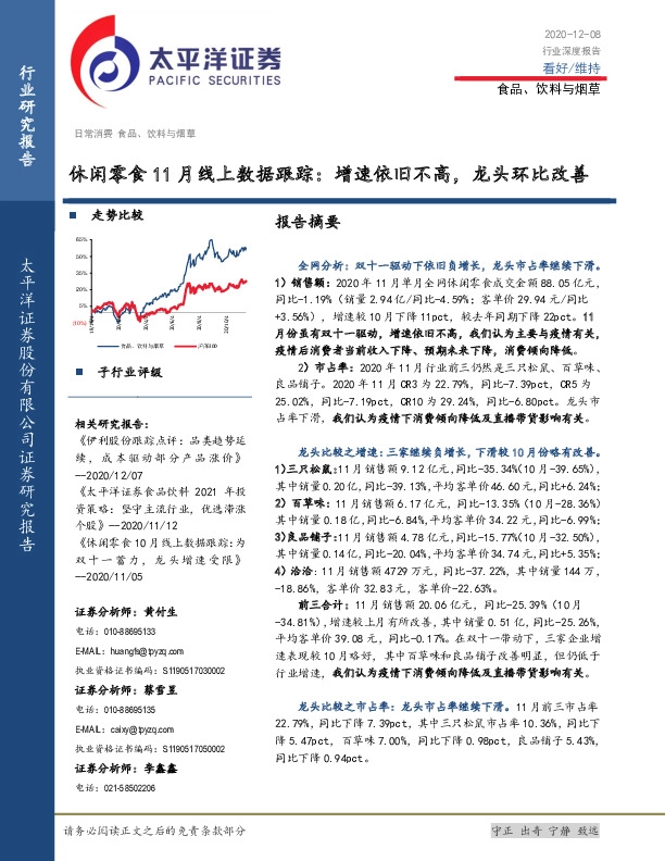 休闲零食11月线上数据跟踪：增速依旧不高，龙头环比改善