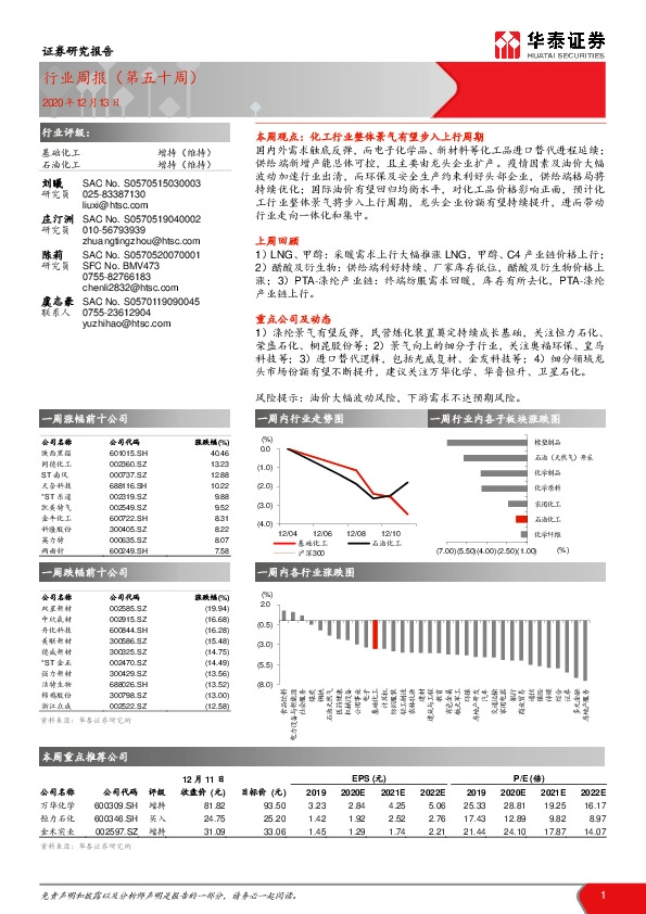 基础化工/石油化工行业周报（第五十周）