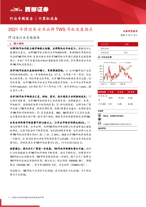 IT设备行业专题报告：2021年将迎来安卓品牌TWS耳机发展拐点