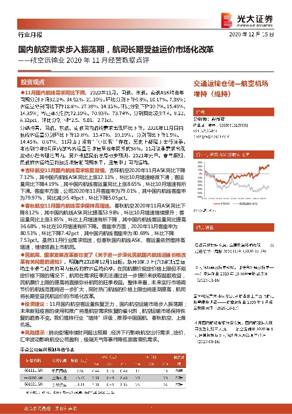 航空运输业2020年11月经营数据点评：国内航空需求步入振荡期，航司长期受益运价市场化改革