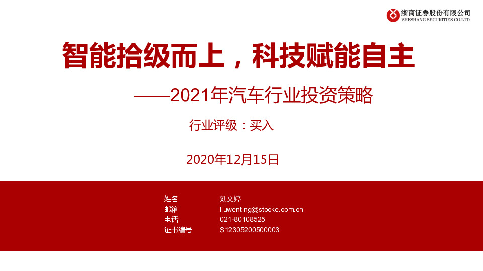 2021年汽车行业投资策略：智能拾级而上，科技赋能自主