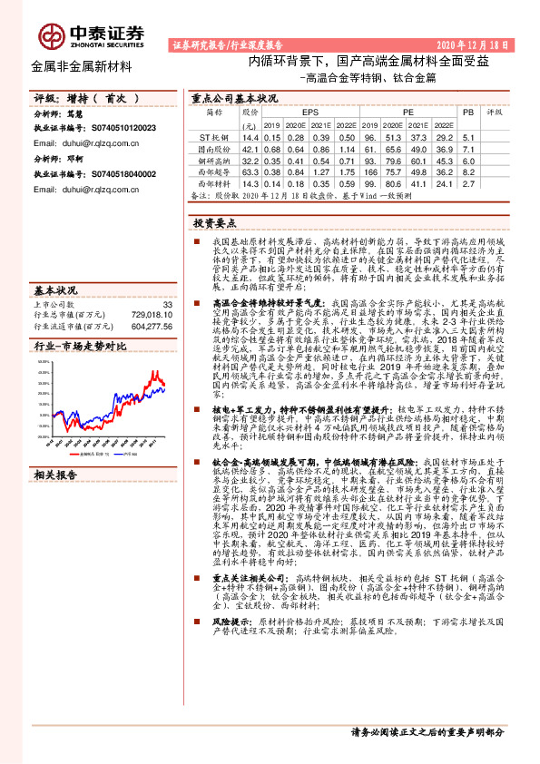 金属非金属新材料行业深度报告：高温合金等特钢、钛合金篇-内循环背景下，国产高端金属材料全面受益