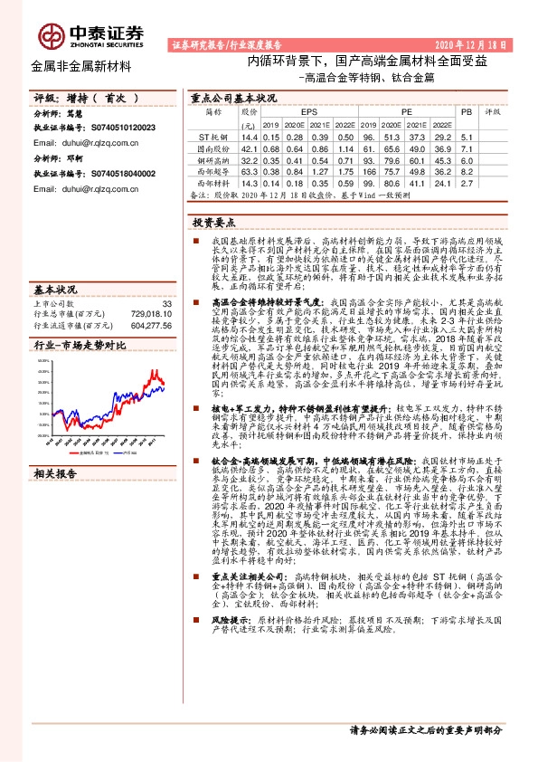 金属非金属新材料行业深度报告：高温合金等特钢、钛合金篇-内循环背景下，国产高端金属材料全面受益