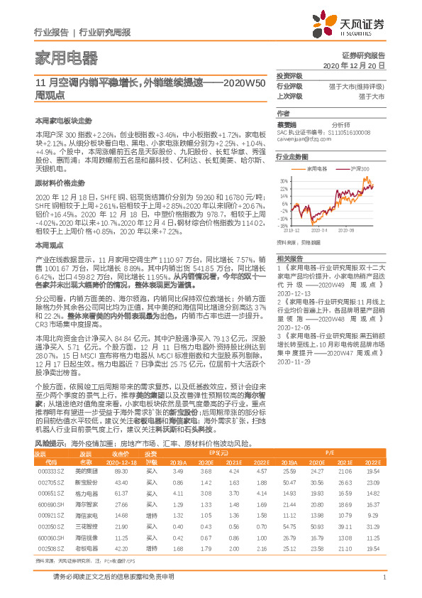 家用电器2020W50周观点：11月空调内销平稳增长，外销继续提速
