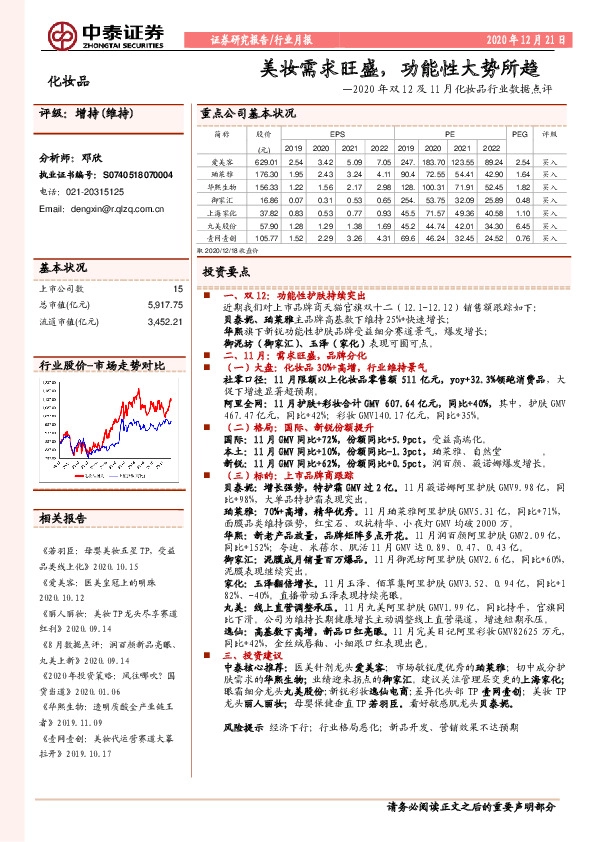 2020年双12及11月化妆品行业数据点评：美妆需求旺盛，功能性大势所趋