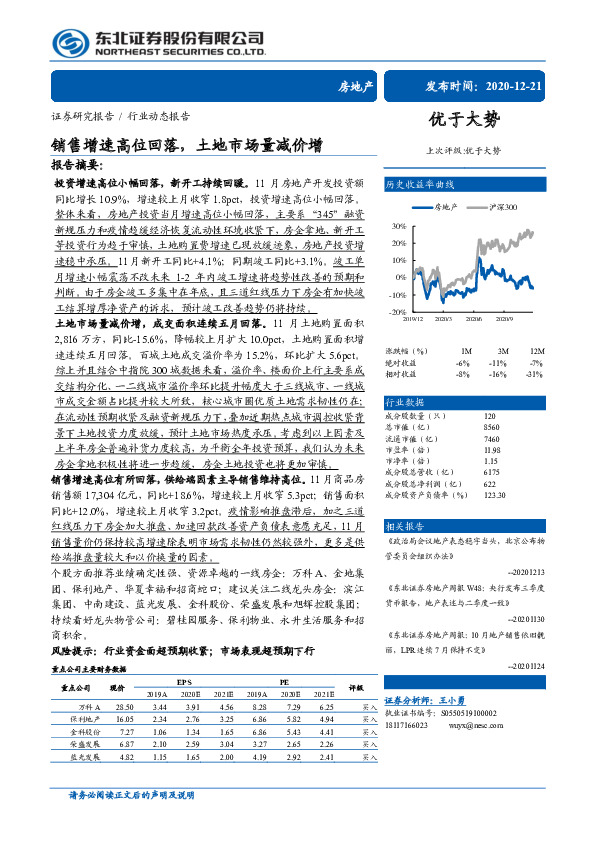 房地产行业动态报告：销售增速高位回落，土地市场量减价增